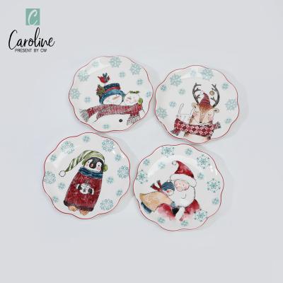 China Sustainable Hot Sale 8.75inch Christmas Ceramic Round Dishes Set Handmade Ceramic Snowman Deep Dish for sale