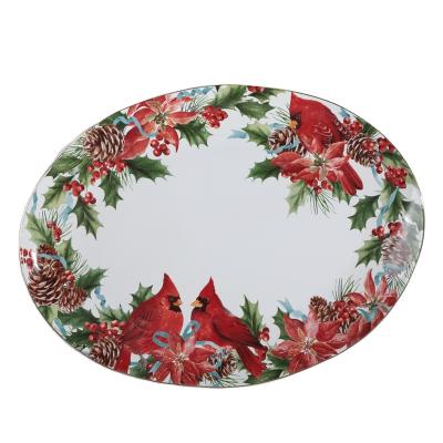 China Festival Sustainable Hot Sale Christmas Ceramic Dishes With Red Flowers Dinnerware Tableware Cake Dishes for sale