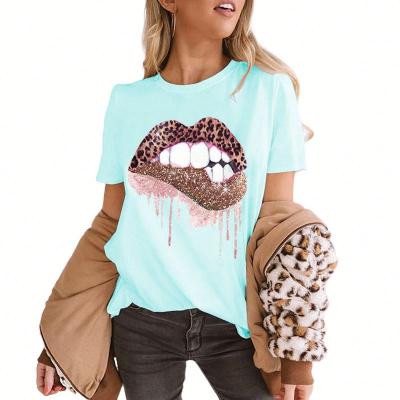 China New Fashion Women T-shirt Women's Casual Funny Graphic Leopard Lips Print T Shirts For Women for sale