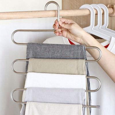 China Modern S Shaped Stainless Steel Wardrobe Space Saving Cabinet Organizer 5 Layer Metal Trouser Hangers for sale