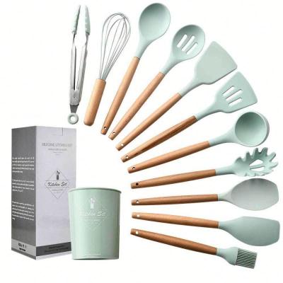 China Practical Hot Selling Silicone Kitchen Tools Practical Spatula Shovel Spoon With Wooden Handle Kitchen Tableware Cookware Set 12PCS for sale