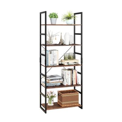 China MDF 5 Tier Ladder Brown Metal Extendable Rustic Industrial Steel Frame Wooden Shelf Wood In Bookcase for sale