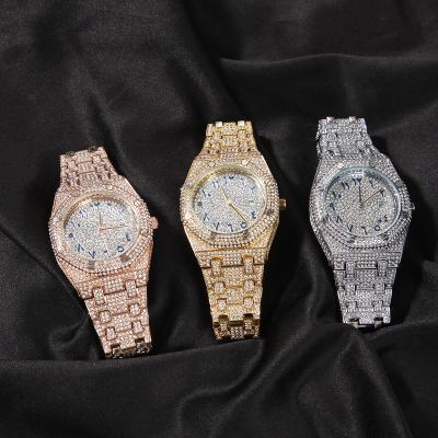 China 2021 New Fashion Gold Diamond Wrist Watch Arabic Men Hip Hop Day/Date Quartz Watch for sale