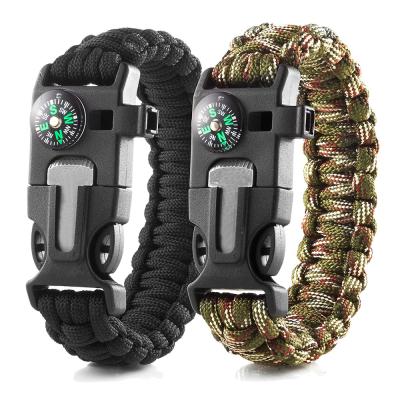 China Portable Paracord Survival Bracelets Flint Fire Starter Emergency Whistle Compass and Scraper for sale