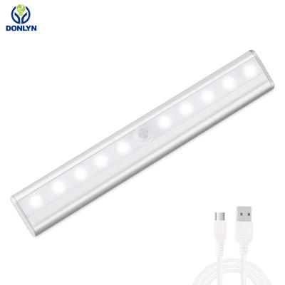 China DONLYN Modern Hot Selling USB 10 LED Rechargeable Radio Under Cabinet Wardrobe Light Motion Sensor Led Night Lights for sale