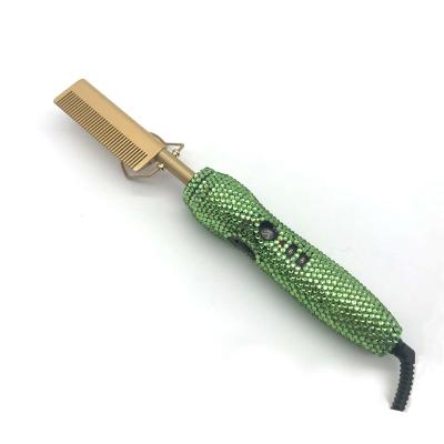 China Hotel Top Selling Bling Crystal Hair Styling Salon Tools Hot Comb Straightener Copper Comb Pressing Hot Comb for sale