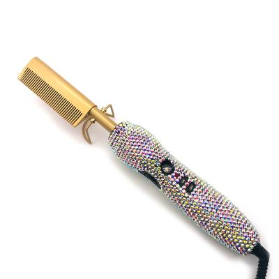 China Hair Straightener and Custom Logo Electric Curling 450 Degree Hair Straightener Crystal Bedazzled Hot Comb Vendors for sale