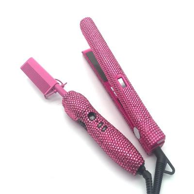 China Outdoor Hot Selling Diamond Hair Flat Iron Set Wholesale Hot Pink Bling Comb Set for sale