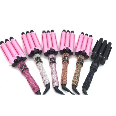 China Ceramic Coating 3-Barrel Hair Crimps Pink Hair Crimps 3-Barrel Curling Iron Hair Crimps Ceramic Rhinestone Crystal Crimp Irons for sale