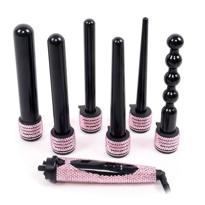 China Ceramic Professional High Temperature 6 in 1 Interchangeable Curling Bling Crystal Curling Iron Magic Wands Set for sale