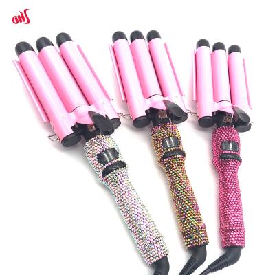 China Triple Barrel Curling Iron Magic Wand Wave Hair Curler with LCD Temperature Display Bling Diamond Triple Barrel Waver for sale