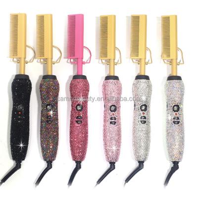 China Private Label High Heat Titanium Titanium 500 Degree Crystal Bling Hair Straightener Electric Pressing Hot Comb for sale