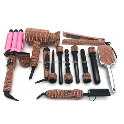 China Professional Hotel Salon Tools Rose Gold Crystal Bling Hot Luxury Flat Iron Hair Tools Diamond Hair Dryer Sets for sale