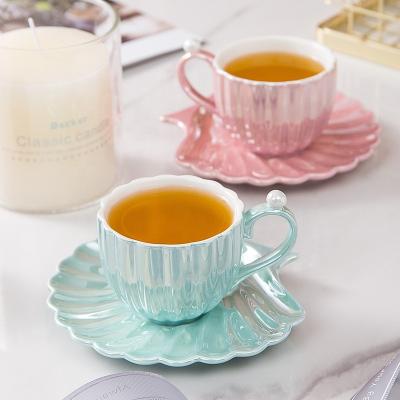 China Pearl Viable Girl Cup Shell Saucer Ceramic Tray Plating Colorful Laser Coffee Cup Breakfast Tea Cup for sale