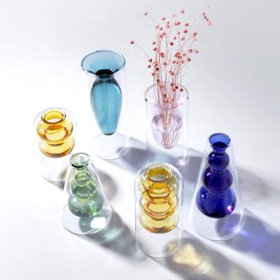 China Nordic Creative Stained Glass Vase Home Living Room Double Glass Mini Vase Decoration Hydroponic Clear Double Colored Glass Vase For Flowers for sale