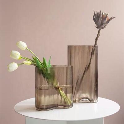 China Unique Home Flower Vases Living Room Simulation Vertical Stripes Vase Plants Home Decoration Hydroponic European Modern Glass Transparent Tabletop Vase Decoration for sale