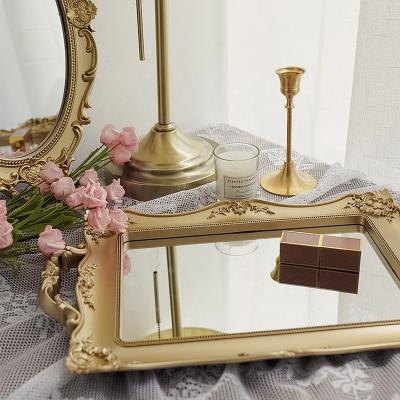 China Viable European style decoration retro ornaments shooting jewelry embossed mirror PP hollow plastic tray round square mirror tray for sale