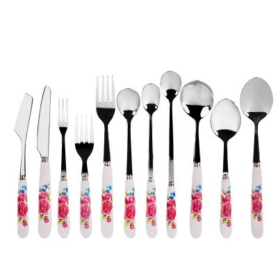 China Modern Rose Customized Logo 11pcs Stainless Steel Flatware Dinner Set Dinnerware Set with Ceramic Handle for sale