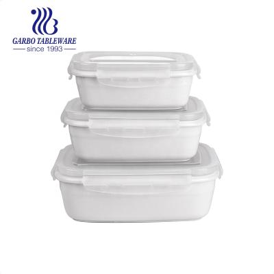 China Modern Factory Cheap Stylish Pure White Microwave Food Container Dinner Set 3pcs Rectangle Ceramic Lunch Box Set For Food Storage for sale