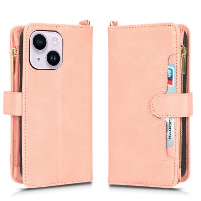 China Shockproof smooth zippered leather case for iphone 14 13 11 pro multiple card slots wallet flip case for samsung S22 s23 s20 fe plus ultra for sale