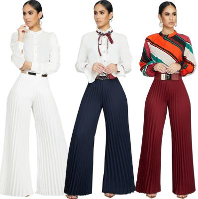 China 2020 Breathable Women Pants High Waist Wide Leg Pleated Women Casual Long Pants Blouse Pants Solid Color for sale