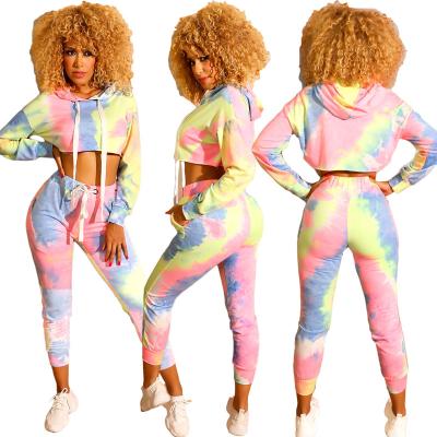 China Wholesale Custom Print Hooded Autumn QUICK DRY Long Tie Dye Sleeve Tops And Pants Women Two Piece Outfits Tracksuit Women Set for sale