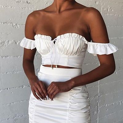 China 2020 hot sale ladies anti-pilling blouses and tops women's top short puff sleeve exposed navel ruffled tops women's blouses for sale