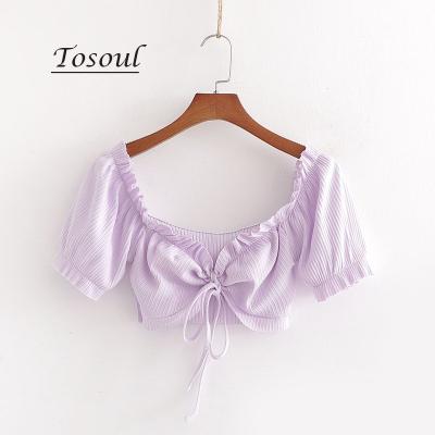 China New Design Anti-pilling Elegant Crop Tops Women Blouse Puff Sleeve Tops Casual Blouses Square Collar Strap Drawstring Ladies Shirt / Blouse for sale