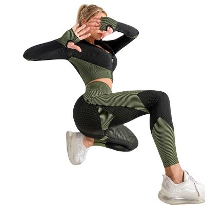 China New Style Breathable Women Fitness Yoga Bra With Long Sleeve And Main Compress Gaiters Sports 3 Pcs Yoga Sets for sale