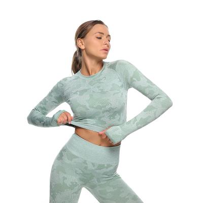 China Four Way Seamless Sport Clothing Set Women Yoga Camouflage Long Sleeves Tops Camouflage Gym Gaiters Pants Suit Workout Sportswear for sale