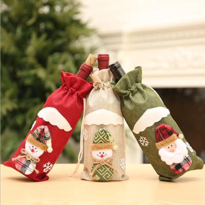 China Christamas Home Decoration Linen Wine Bottle Cover New Year Drawstring Bag Table Decor Christmas Decoration Wine Gift Bags for sale