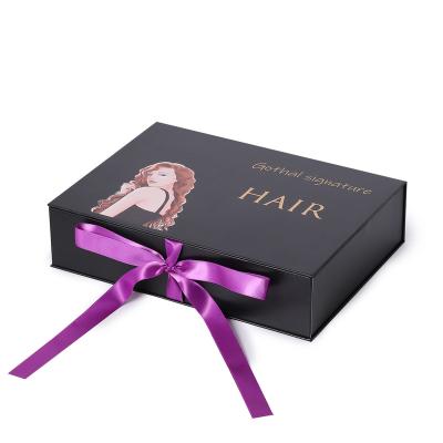 China Recyclable Luxury Custom Wig Hair Extension Magnetic Logo Black Ribbon Handle Paper Gift Packaging Box for sale