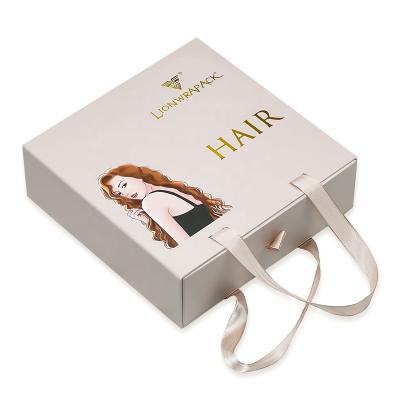 China Recyclable Promotion Wig Weave Hair Slide Box Ribbon Handle Packaging Boxes Beige Rigid Paper With Logo Customized Paperboard Made To Order for sale