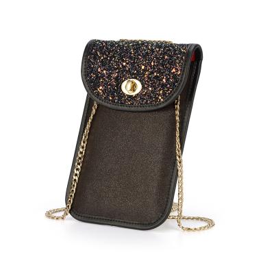 China New Slim Premium Anti-fall Glitter PU Leather Cross - Body Cell Phone Filter Frame Metal Phone Chain Pocket for sale