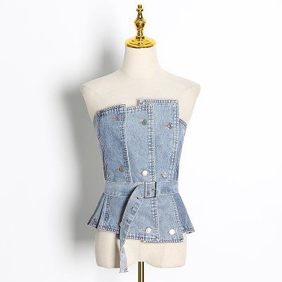 China Women 2021 Breathable Mesh Camiseta Algodon Mujer Tee Summer Trend Denim Crop Tube Chain Crop Corset Tops Sleeveless T-shirts for sale