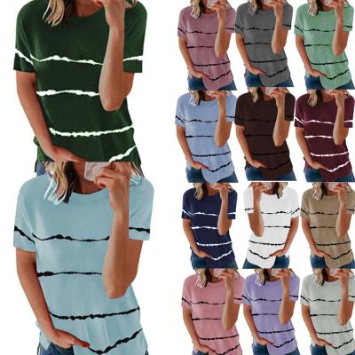 China Wholesale Price Breathable Sleeve Shorts Stripe Graphic Fashion Tees For Women Printed Round Neck Camisetas Para Mujer Tops Basic T Shirt for sale