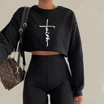 China Wholesale Fashion Breathable Designer Hot Sale Faith Printing Loose Black Round Neck Short Sleeve Crop Top Hoodie For Women for sale