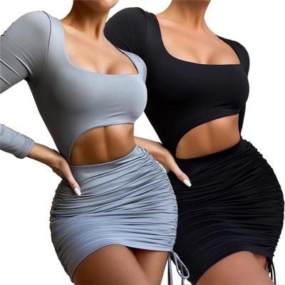 China 2021New Arrval Summer Viable Hollow Sexy Bodycon Pleated Custom Long Sleeve Pleated One Piece Pakaian Dresses For Women Short Skirts for sale