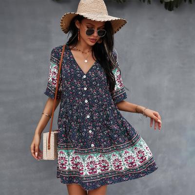 China 2021 Bohemian Vintage V-Neck Print Print High Waisted Bohemian Vintage Summer Dress Floral One Piece Short Sleeve Dresses Female Sexy Dress Beach Wear for sale