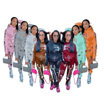 China 2021 New Winter Fleece Women's Hoodies Breathable Floral Print Sweatshirts Jogger Customized For Women Fall Streetwear Hoodie 2 Piece Set for sale