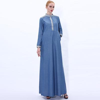 China Spring professional denim abaya women muslim dress spring new first wear women's stand collar skirt long dresses factory denim for sale