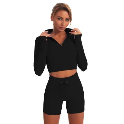 China Breathable Ribbed Gym Fitness Sets Yoga For Women Seamless Ribbed Legging Set Textured Zipper Drawstring GRS Certified BSCI Manufacturer for sale