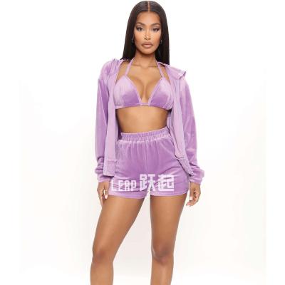 China Same style influence sweatshirts bra hooded women shorts set sexy 3 piece set women's shorts sets custom velor velor tracksuit for women for sale