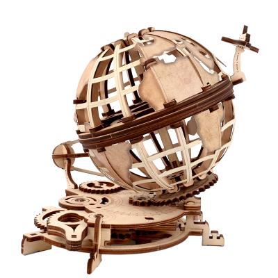 China Eco-friendly Laser Cutting Transmission Wooden DIY Mechanical Globe Toys Wooden Construction 3D Puzzle for sale