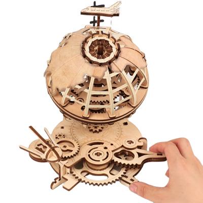 China Eco-Friendly Laser Cutting Wooden Children's Manual 3D DIY Handmade Transmission Globe Puzzle Mechanical Toys Assemble Globe Building Puzzle For Kids for sale