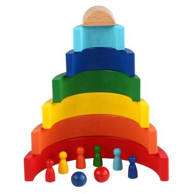 China 100% Eco-friendly wooden smart colorful building block arch bridge education pile kids rainbow building blocks grimms toy for kids for sale