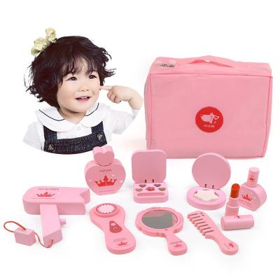 China Wooden Children's Makeup Toy Set Simulation Family Wooden Dresser Princess Makeup Bag Girl Gift for sale