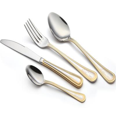 China Good Quality Viable Gold Plated Knife Fork Spoon Gold Handle Flower Pattern Flat Tableware for sale