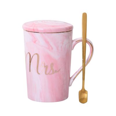 China Creative Stocked Mug Porcelain Marbling Mug With Cover Spoon European Coffee Milk Cup for sale