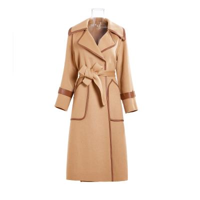 China 2021 Women Brand Label Celebrity Breathable Luxury Wool And Leather Long Trench Coat For Woman for sale